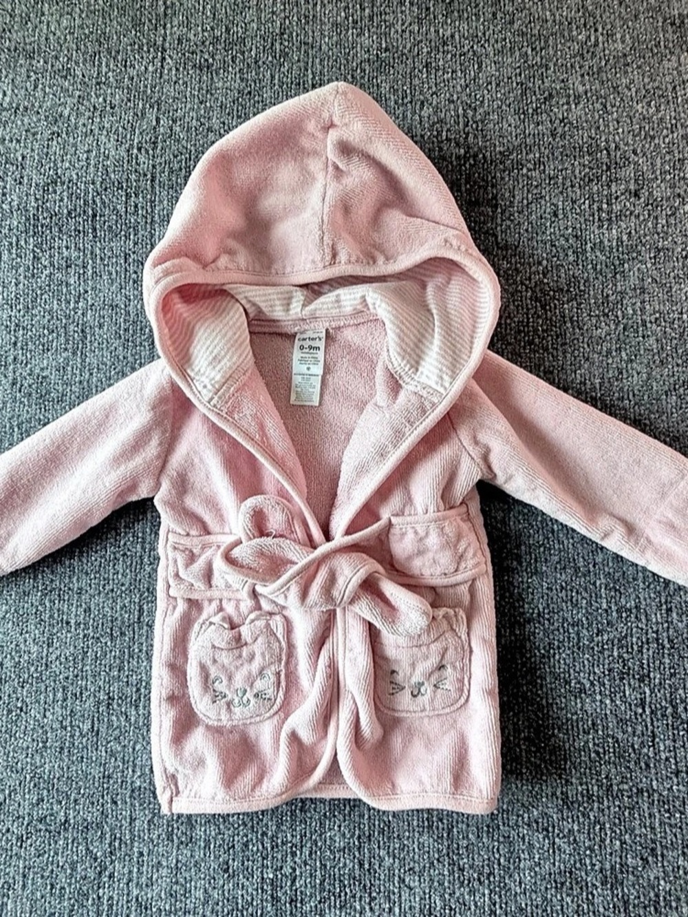 Carter's Girls Hooded Bathrobe Robe in Pink/White Cute Kitten Pocket 0-9 Months